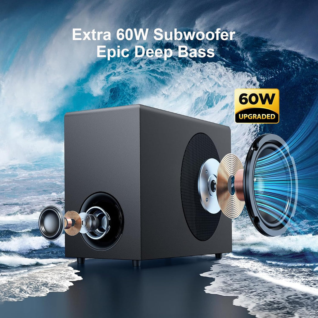 GarageRock Speaker System Sound Bar with Subwoofer for TV, 2 in 1 Detachable 110W Soundbar with Deep Bass&Volume Boost&3 EQ Mode, Bluetooth 5.3/ARC/Opt/AUX, Surround Sound System for TV/PC/Projectors