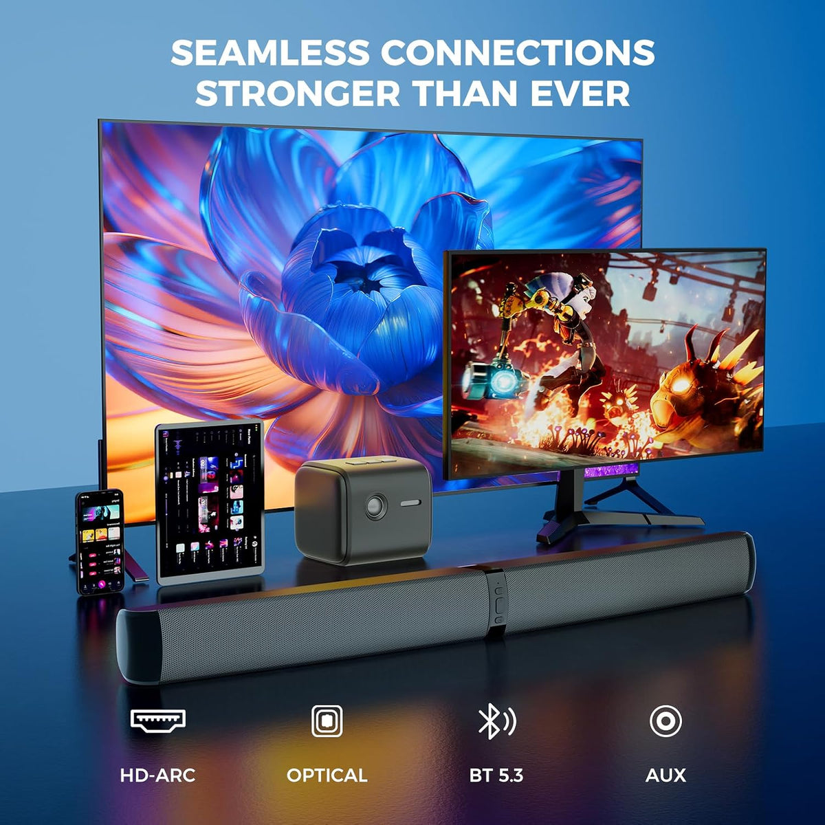 GarageRock Floorstanding Speaker Soundbar for TV, 90W Soundbar, 2-in-1 Detachable Sound Bar for TV, Bluetooth TV Speaker with ARC/Optical/AUX Connect, Home Theater Sound for TV/PC/Projectors/Gift