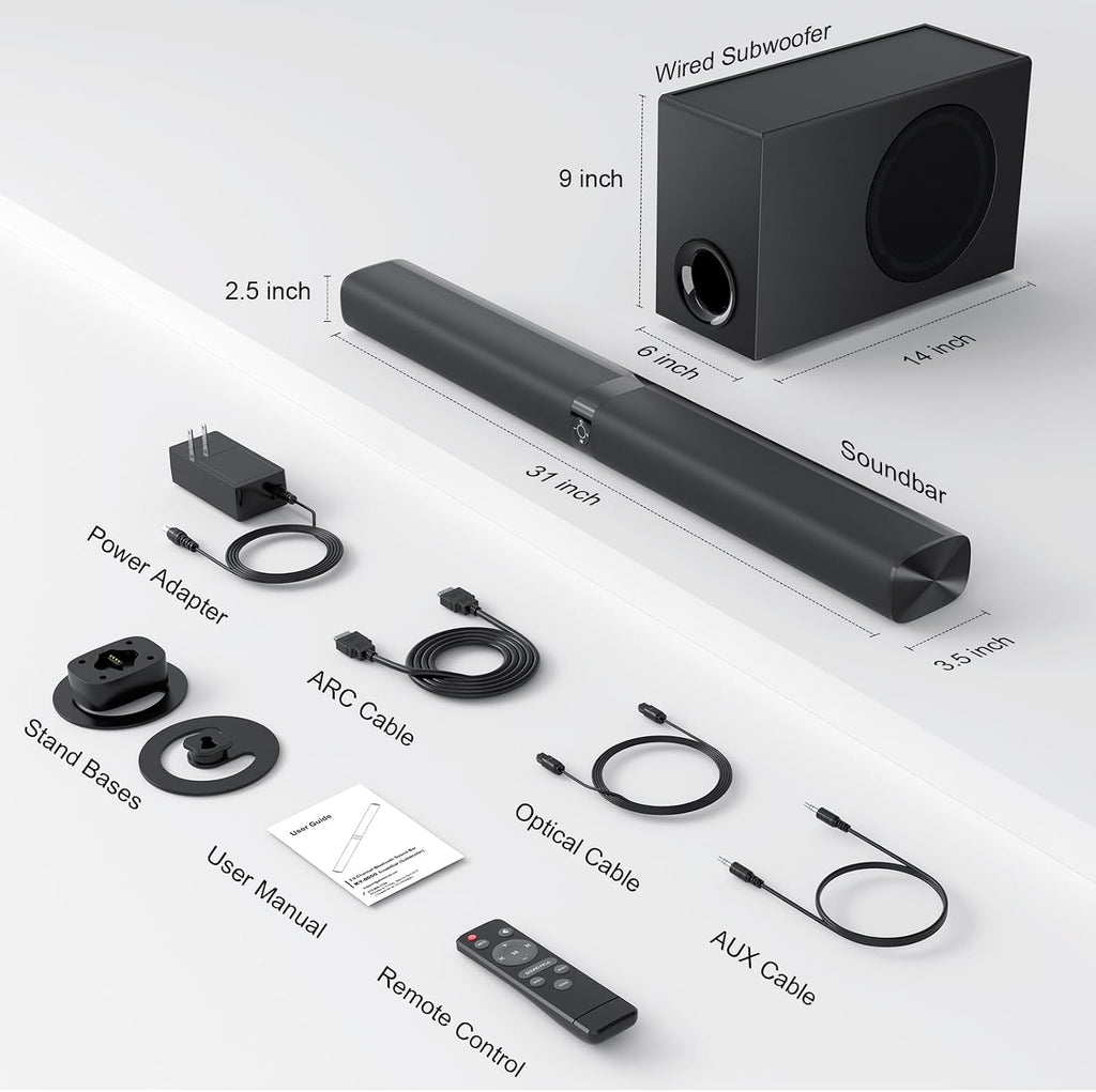 GarageRock Speaker System Sound Bar with Subwoofer for TV, 2 in 1 Detachable 110W Soundbar with Deep Bass&Volume Boost&3 EQ Mode, Bluetooth 5.3/ARC/Opt/AUX, Surround Sound System for TV/PC/Projectors