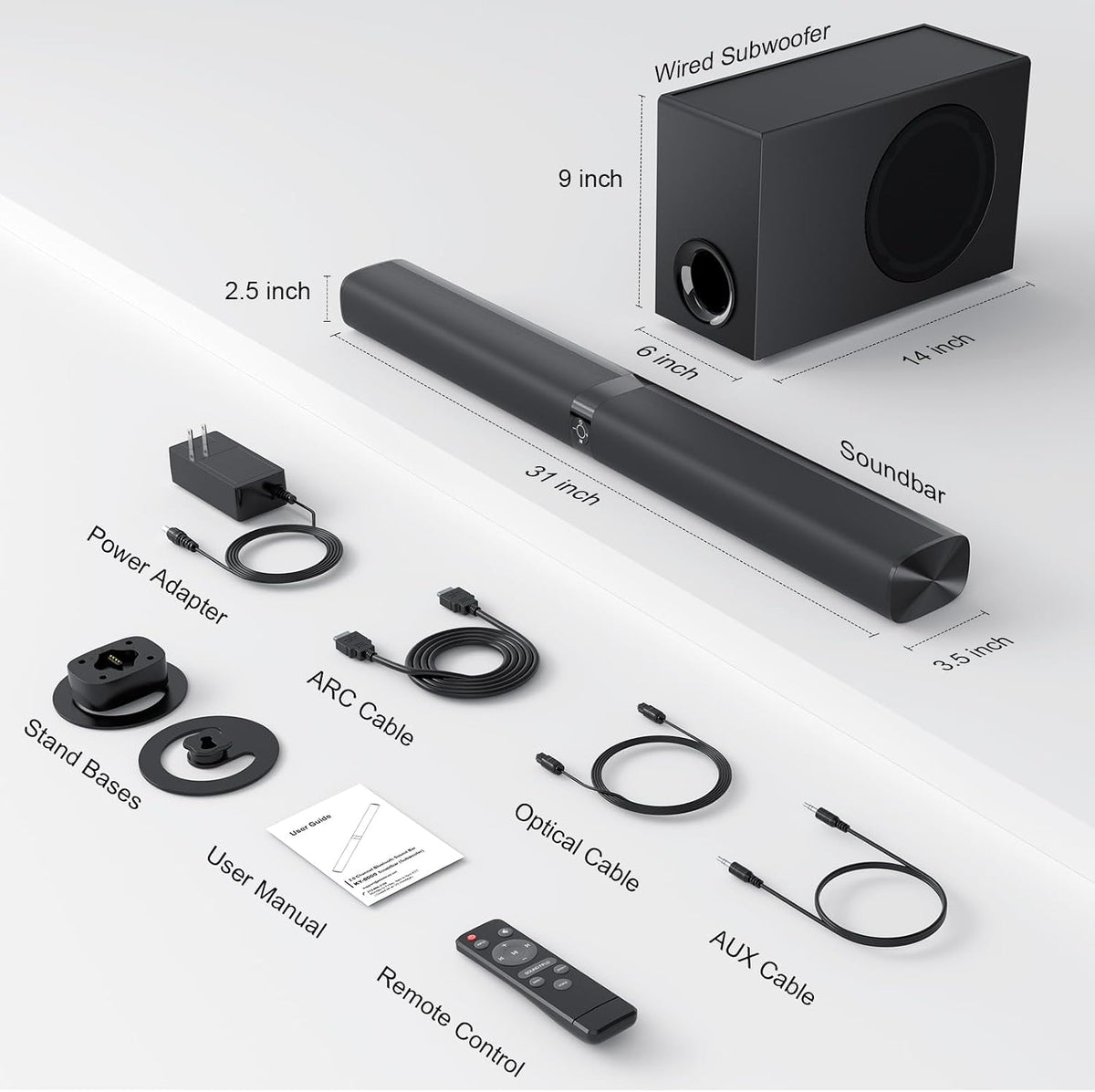 GarageRock Speaker System Sound Bar with Subwoofer for TV, 2 in 1 Detachable 110W Soundbar with Deep Bass&Volume Boost&3 EQ Mode, Bluetooth 5.3/ARC/Opt/AUX, Surround Sound System for TV/PC/Projectors